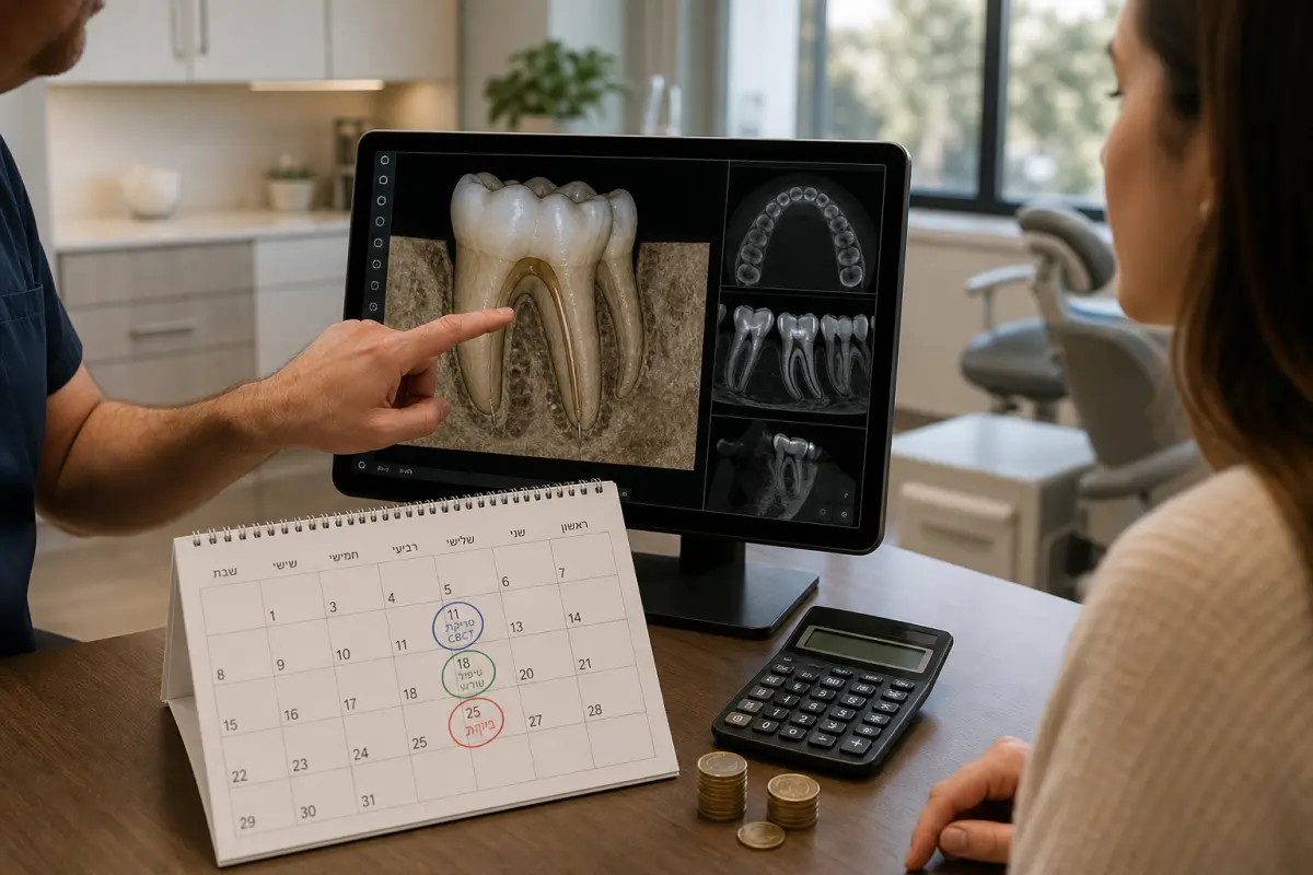 מקלדת ושולחן ייעוץ עם צילום CBCT על מסך, לוח שנה ומחשבון לידו.