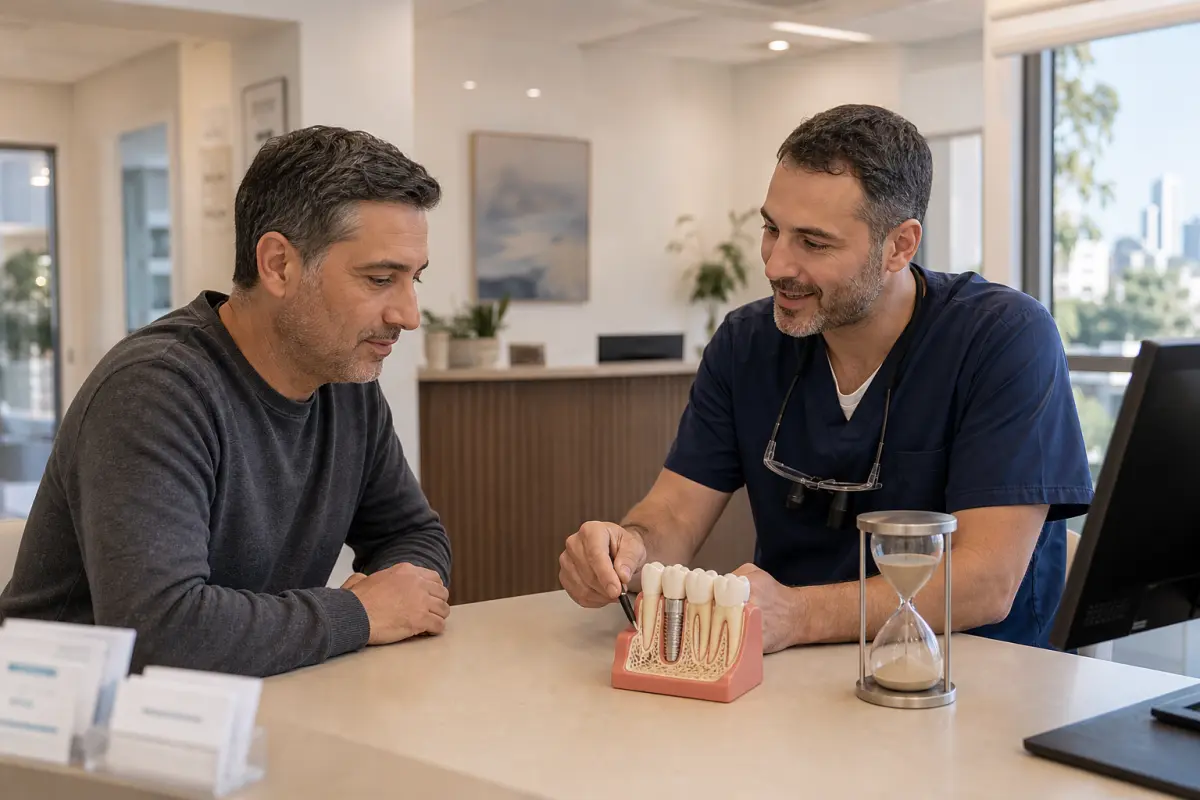 רופא מצביע על מודל לסת ושעון חול על השולחן בזמן שמטופל מקשיב ברצינות.