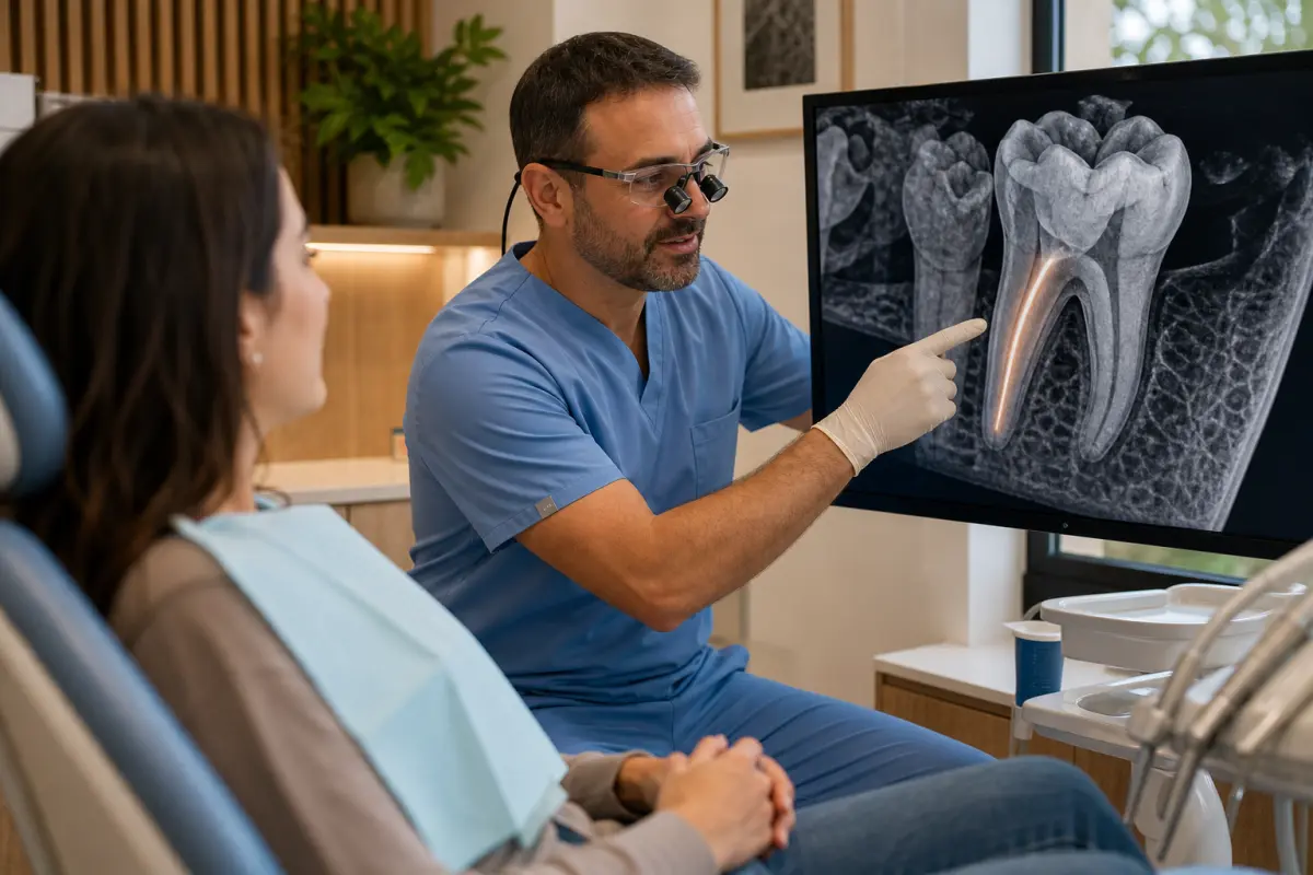 רופא שיניים מצביע על סריקת CBCT שמחשפת תעלה נסתרת בשן על המסך.