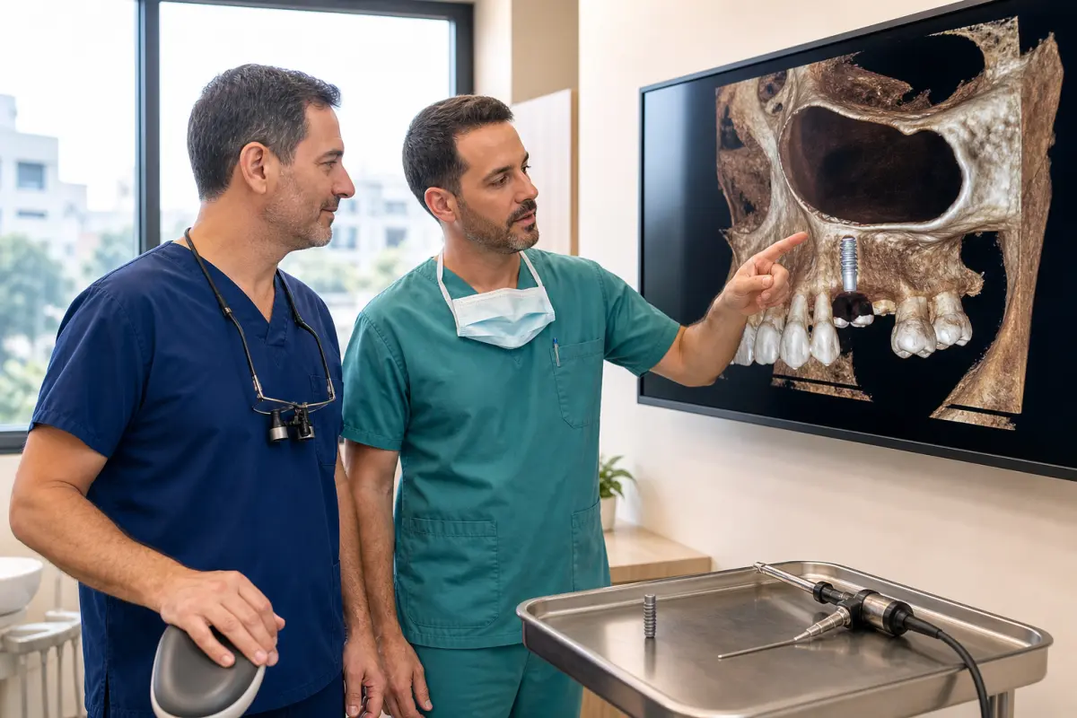 שני רופאים בוחנים תמונת CBCT תלת־ממדית על מסך שבה נראה שתל סמוך לקרקעית הסינוס.