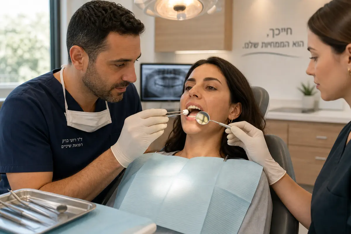 רופא שיניים בודק רגישות בשן שטופלה באמצעות צמר גזה ותֵּאִה דִּגּוּל