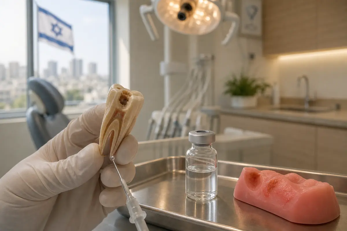 יד של רופא שיניים ממושטת מחזיקה דגם שורש שן עם מחט שטיפה וטיפה של נוזל שמגיעה לקצה השורש מול דגם חניכיים אדמומי קל.
