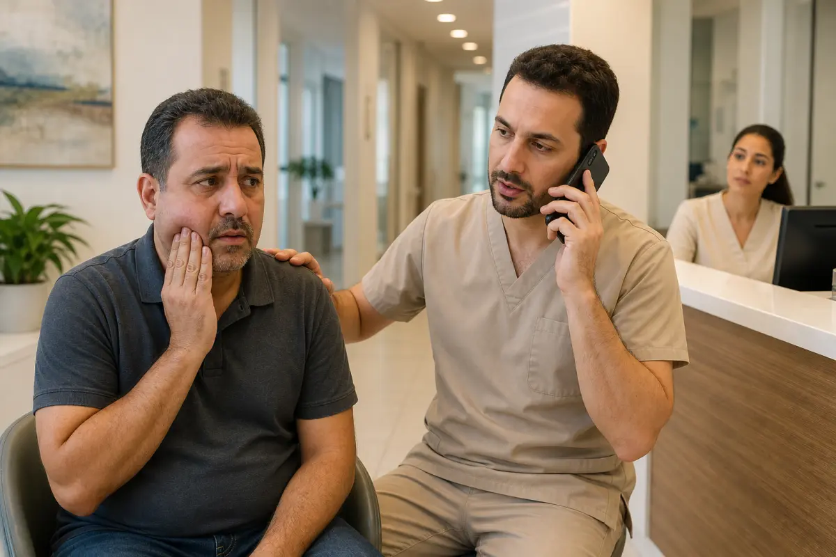 מטופל עם נפיחות בלחי מקבל תשומת לב מיידית בעוד רופא שיניים מתקשר לסידור פגישה דחופה.