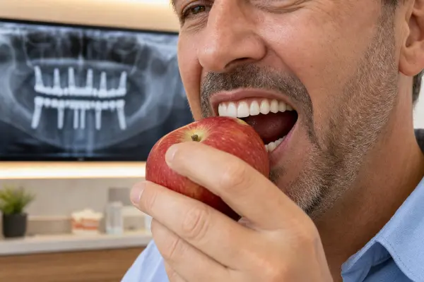 מטופל מהודר נונשלנטי נושך תפוח להדגמת תפקוד וגימור של שיניים מלאות על All-on-X, עם צילום פנורמי של השתלים ברקע.
