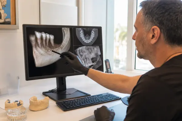 קלינאי שיניים מצביע במספרט על תמונת CBCT תלת־ממדית שמציגה אזור המתוכנן להשתלת עצם בלסת במחשב הסטטלי.