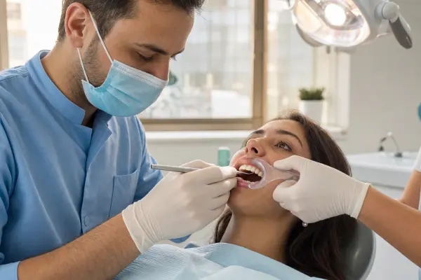 רופא שיניים מעצב חומר קומפוזיט על שן קדמית שבורה בזמן תיקון בחדר טיפולי מודרני.