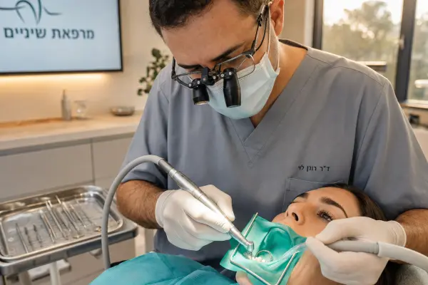רופא שיניים עובד עם מברשת יהלום ושואב על שן מבודדת ברבר דאם בזמן שמסיר עששת, בחלל מרפאה מודרני וחמים.