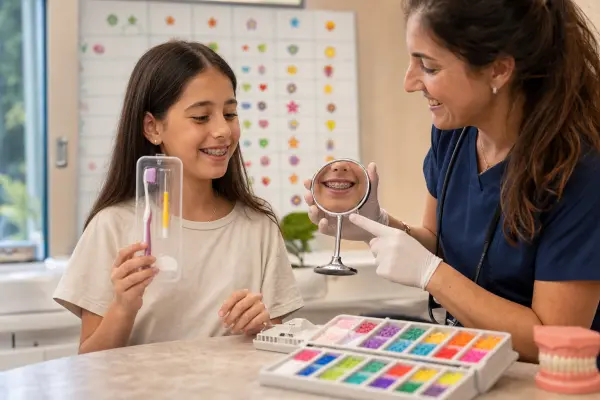 ילד מחזיק ערכת טיפוח לאורתודונטיה ובוחן את הברקסים במראה קטנה בזמן שהאורתודונט מסביר בעידוד.