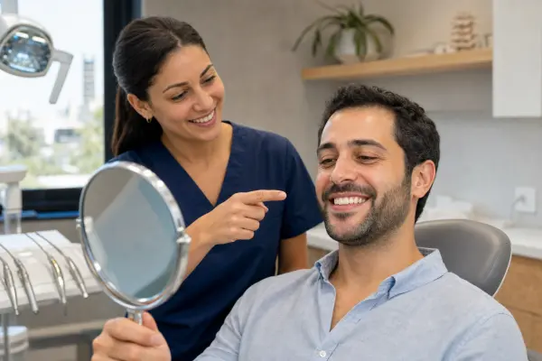 מטופל יושב וחיוך פתוח לאחר סגירת רווח בשיניים, והרופא מצביע בעדינות על האזור המתוקן במראה במרפאה נעימה.