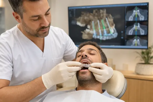 רופא שיניים מתקין במגרש המנתח תלת־ממדי שקוף בחלל פה של מטופל, כשהמסך ברקע מראה תכנון שתל בתלת־ממד.
