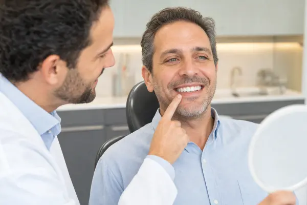 מטופל מחייך לאחר סיום השתלת שן יחידה כשהרופא מצביע בגאווה על הכתר המותקן המותאם לשיניים הסמוכות.