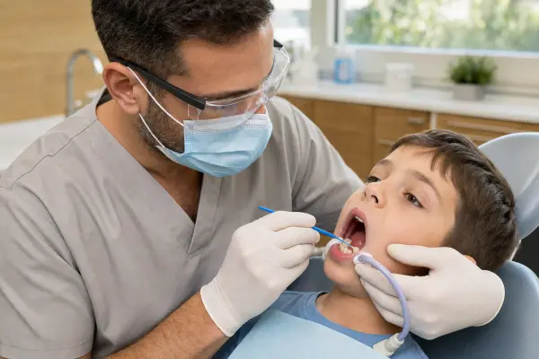 רופא שיניים במרפאה מודרנית מורח חומרים באחיזות וחריצי מלתעה של ילד עם מבריש מיקרו, כשמגב ושואב קטנים מבודדים את השן.