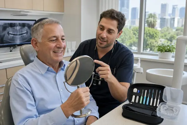 מטופל מתבונן במראה לאחר קבלת השיקום הפה המלא כשהרופא מסביר את תחזוקת הפרוטזה וערכת הטיפול לידם.