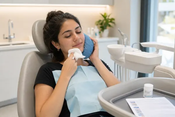 מטופל בחדר התאוששות מחזיק גזה על הלסת ומניח קומפרס קר, עם דף הוראות לאחר הניתוח ותרופת מרשמים על השולחן הצמוד.