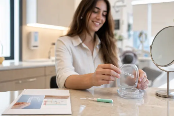 מארז אינביזליין שקוף על דלפק במרפאה לצד מבריק בין-שיני ואדם ברקע שמניח את המיישר במארז, המדגיש טיפול יומי ומעבר דיסקרטי.