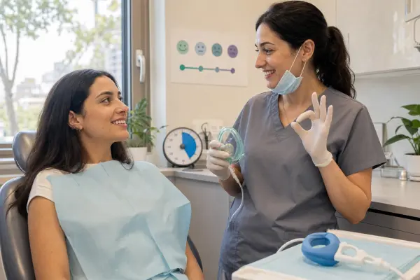 אזור התאוששות לאחר טיפול בגז צחוק: מסכת נחירים מונחת על המגש והאחות מלווה את המטופל שיושב ער ובטוח.