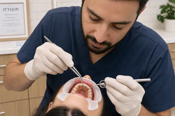 אורתודונט מדביק מעין סוגר קטן על פני השן הפנימיות של המטופל עם מחזיק לשון/לחיים, צילום דינמי במרפאה מודרנית.
