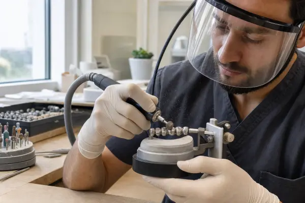 טכנאי שיניים במעבדה מלטש גשר מתכתי על ארטיקולטור, תוך הדגשת שלב הגימור והברק של המתכת.