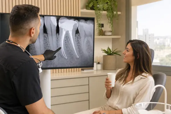 רופא שיניים מצביע על רנטגן דיגיטלי שמראה תעלות שורש מלאות לאחר הטיפול, מטופל יושב מאחוריו.
