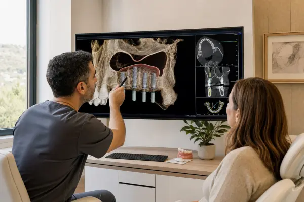 מומחה שיניים מצביע על תמונת CBCT תלת־ממדית של הסינוס והאתר המתוכנן להרמה על גבי מסך בעוד המטופל מביט.