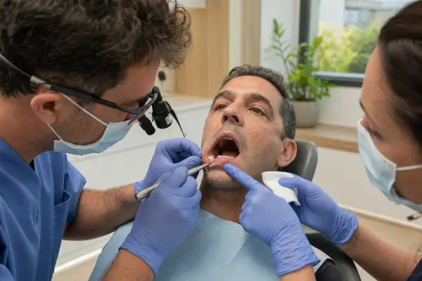 רופא שיניים במדים כחולים מבצע ביופסיה של רירית הפה באמצעות כלי ביופסיה קטן בזמן שאסיסטנט מושך בעדינות את השפה ומניח גזה סטרילית.