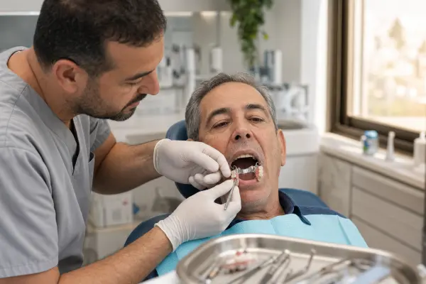 הרגע שבו השיננית מתקינה ומוודאת כיסא תותבת חלקית בפה המטופל, כשהאביזר המתכתי מתחבר לשיניים הסמוכות.