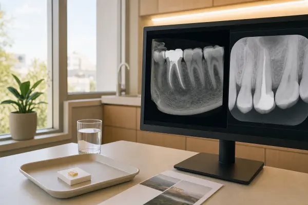 מסך במרפאה מציג סקטור CBCT ורנטגן של שן שעוברת חידוש טיפול שורש, עם חומר שיקום זמני והוראות לאחר הטיפול על המשטח.