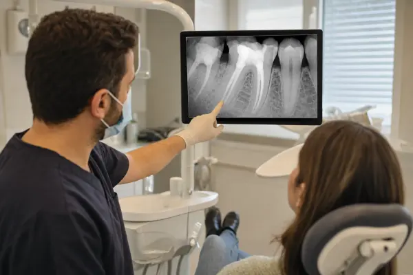 רנטגן בפיקוח הרופא שמציג שורשים ממולאים לאחר טיפול שורש כשהרופא מצביע על התעלות הממולאות.