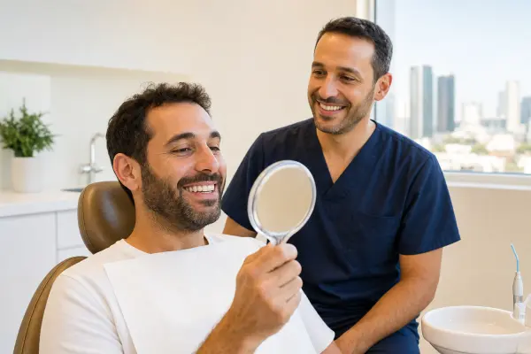 מטופל בוחן חיוך עם כתר זמני שהותקן ביום אחד במראה ידנית, המתרשם מהתוצאה בעוד הרופא מלווה אותו.
