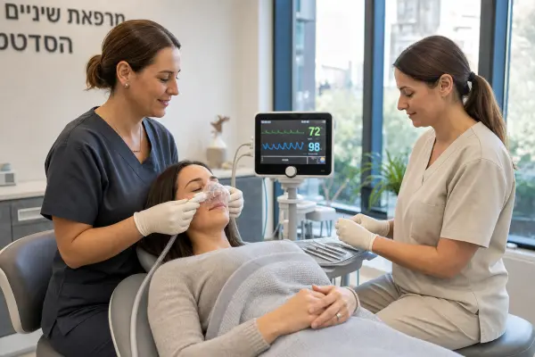 מומחה הרדמה מניח מסכת אף שקטה על מטופל נרגע במיטת טיפולי שיניים במרפאה ישראלית מודרנית כשהמוניטור מציג סימנים חיים יציבים.