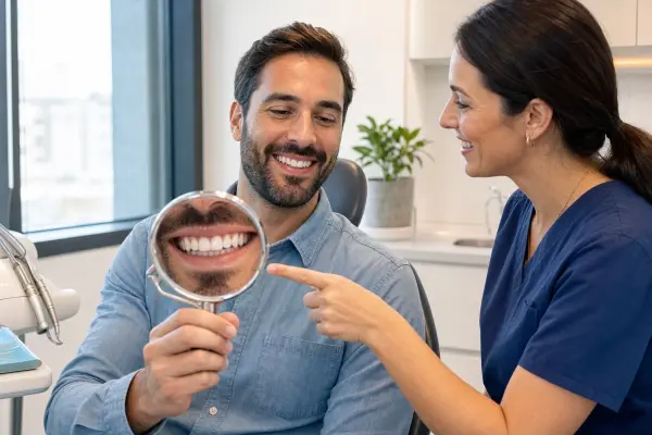 מטופל מחזיק מראה שיניים ומראה כתר חדש של שן בודדת שהשתלב בצבע ובמראה השיניים הסמוכות בעוד הרופא מסביר על הטיפול.