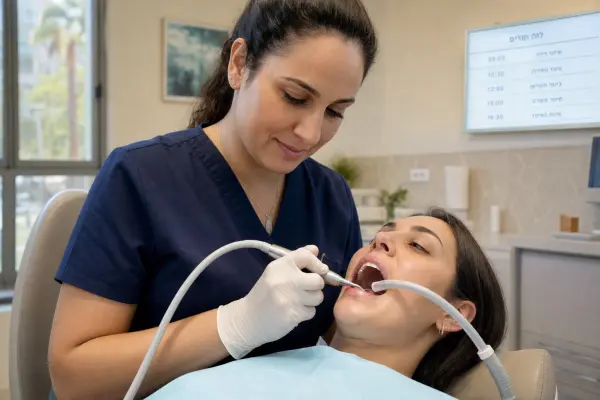 טכנאית שיניים במרפאה מודרנית משתמשת במכשיר אולטרסוני להסרת אבנית מלסת תחתונה תוך שאיבה של מי התזה.