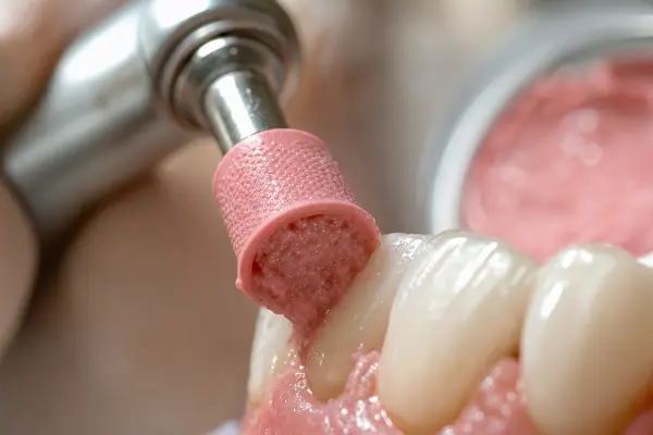 תקריב על כוסית פוליש עם משחת פוליש ורודה נוגעת בשטח האמייל, נראים גרגירי המשחה והברק על השן.
