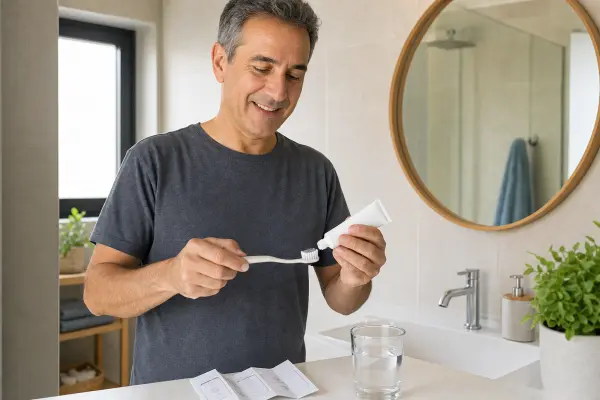 מטופל בבית מחזיק משחת שיניים מיוחדת לשיניים רגישות ומברשת רכה, מדגים שגרת טיפול ביתית מרגיעה לאחר הטיפול.