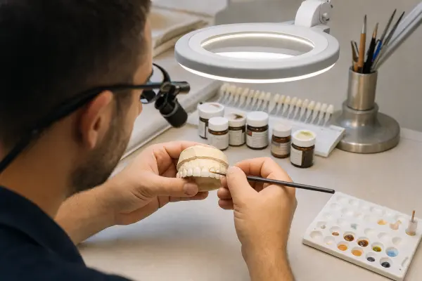 טכנאי שיניים עובד על ציפוי חרסינה על דגם גבס של שיניים במעבדה, עם כלי עדין וטבלת גוונים בסמוך.
