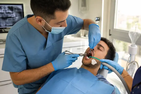רופא שיניים משתמש במרימי שורש ומלקחיים במהלך עקירת שן בינה כשהמטופל שוכב רגוע וצללית של מטפלת מאחורה.