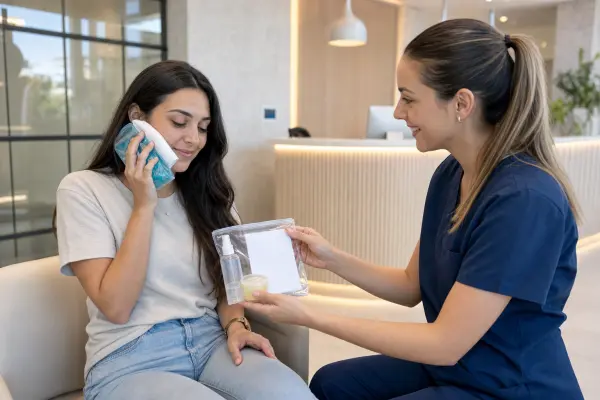 מטופל מחזיק גזה וקור במקום הלחי וקיבל ערכת טיפול לאחר עקירת שן בינה מהמזכירה שבקבלה.