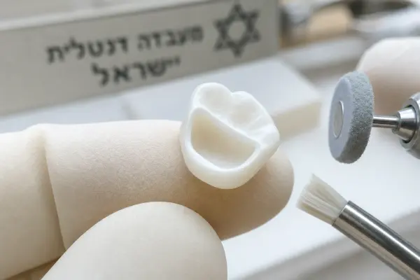 צילום קירוב של כתר זירקוניה טרי על קצה אצבע עם כפפה במעבדת שיניים, מדגיש את המרקם והפינות המדויקות של הכתר.