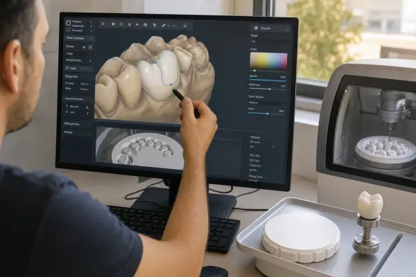 תחנת CAD/CAM המציגה על המסך דגם תלת־ממדי של כתר זירקוניה, לצד בלנק זירקוניה וכתר מלוטש המציגים את תהליך הייצור הדיגיטלי.